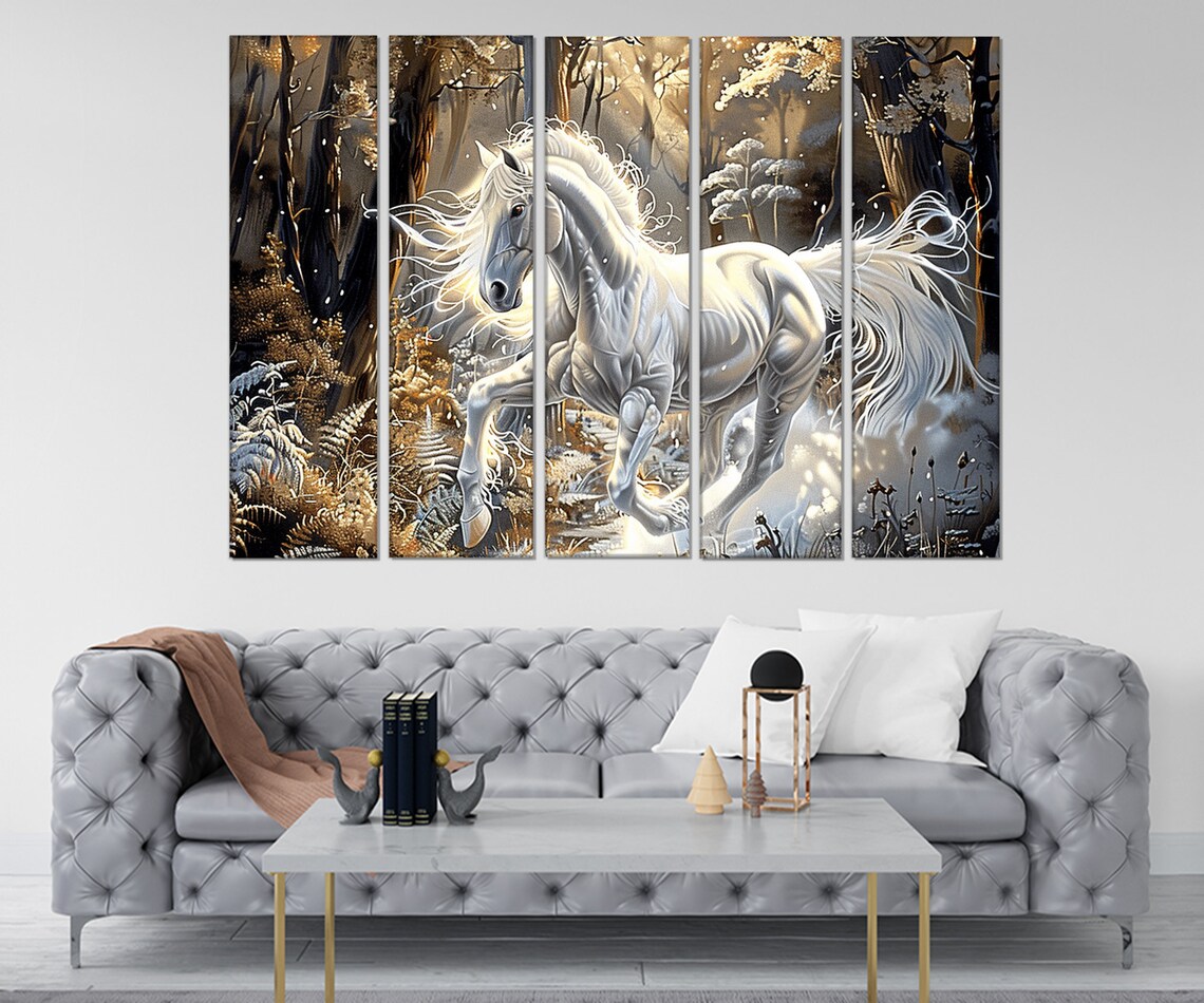 White Horse Galloping Golden Snowy Forest Fantasy Majestic Wall Art - Image 2