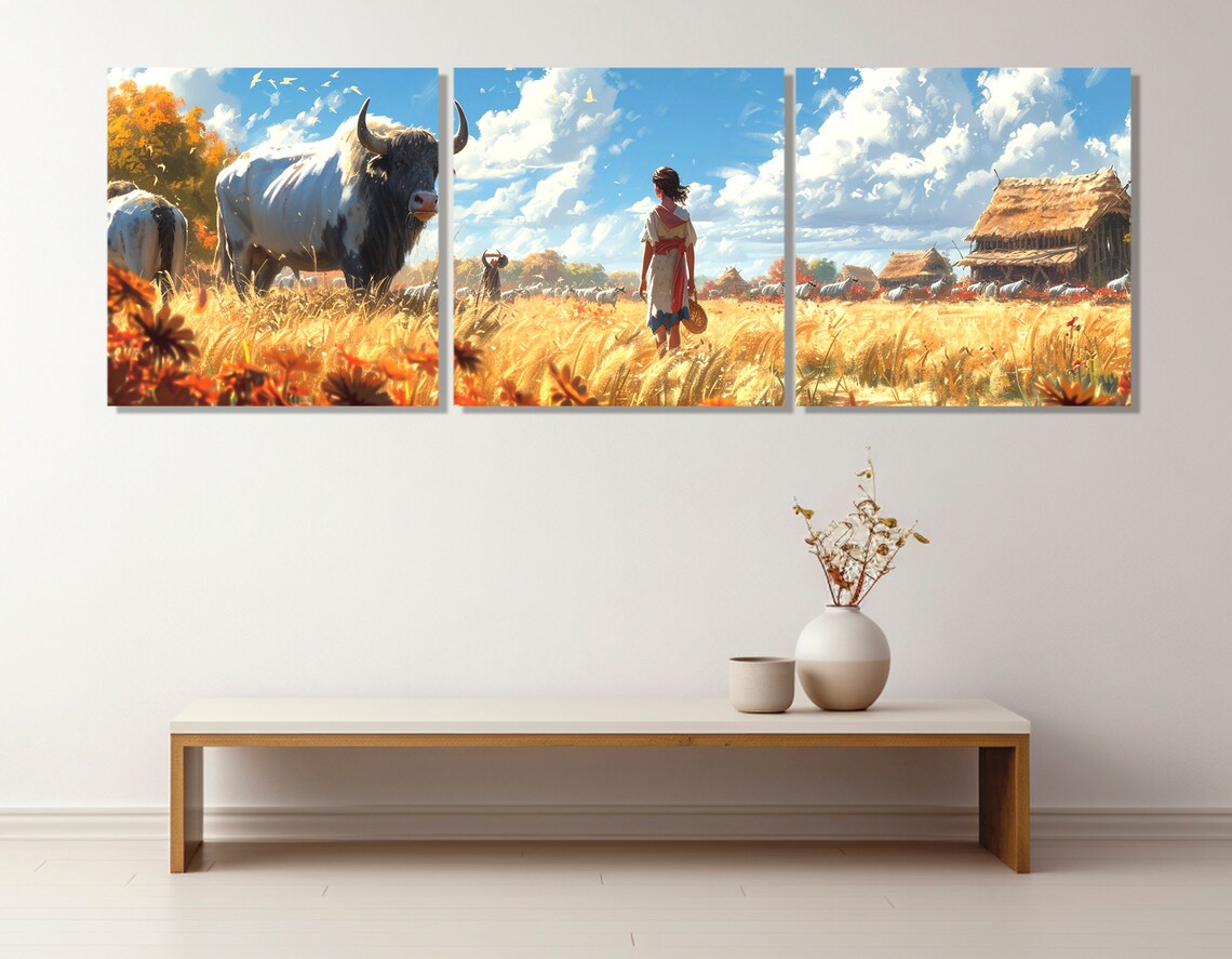 Buffalo and Farm Girl Golden Wheat Field Rustic Countryside Art Poster - Image 3