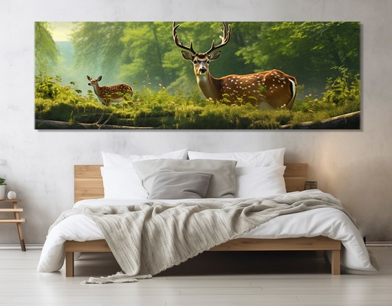 Mother Deer With Fawn In A Forest Painting Print Deers Family Painting Family Wall Art Forest House Decor Framed Ready To Hang