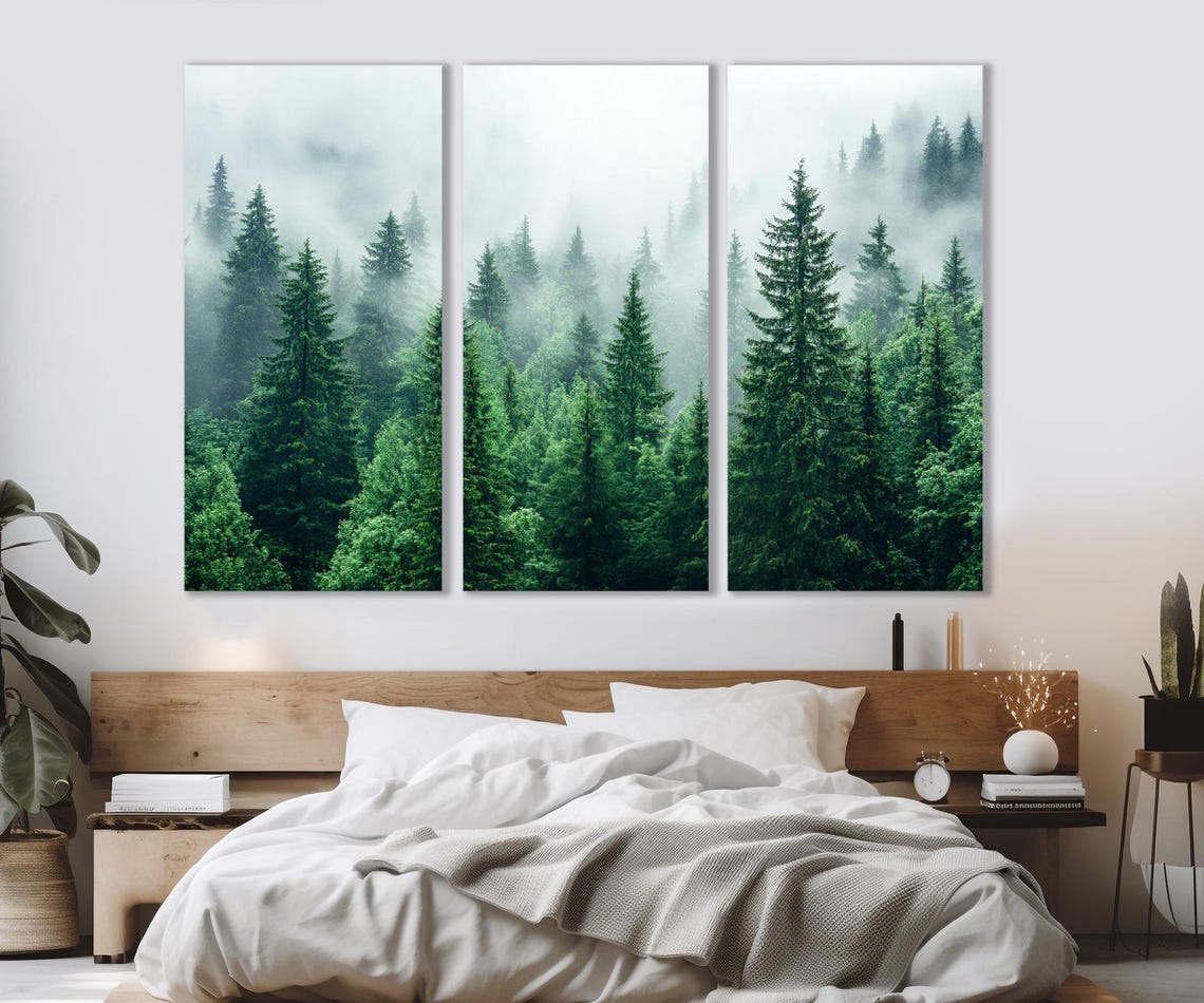 Misty Pine Forest Fog Dense Green Trees Nature Landscape Wall Poster - Image 4
