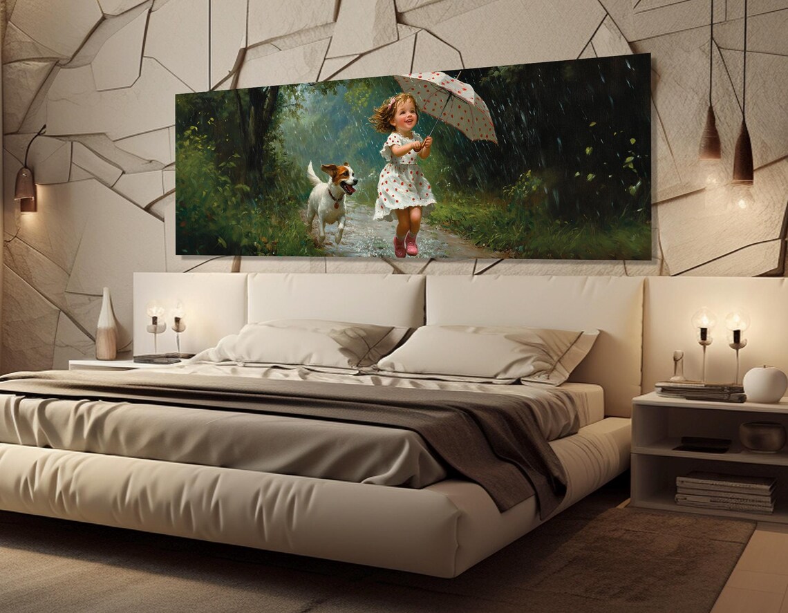 Happy Girl And Dog Playing In Rain Umbrella Cheerful Kids Art Print - Image 2