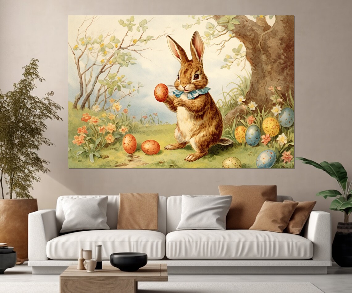 Vintage Easter Bunny Holding Decorated Egg Spring Flowers Nursery Wall Art Poster - Image 4
