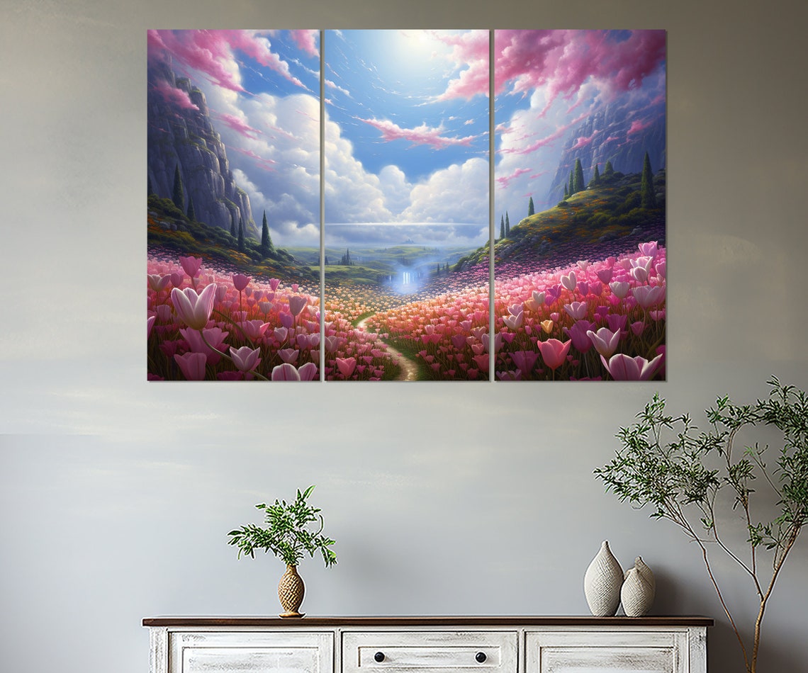 Dreamy Pink Tulip Valley Fantasy Landscape With Winding Path Poster - Image 4