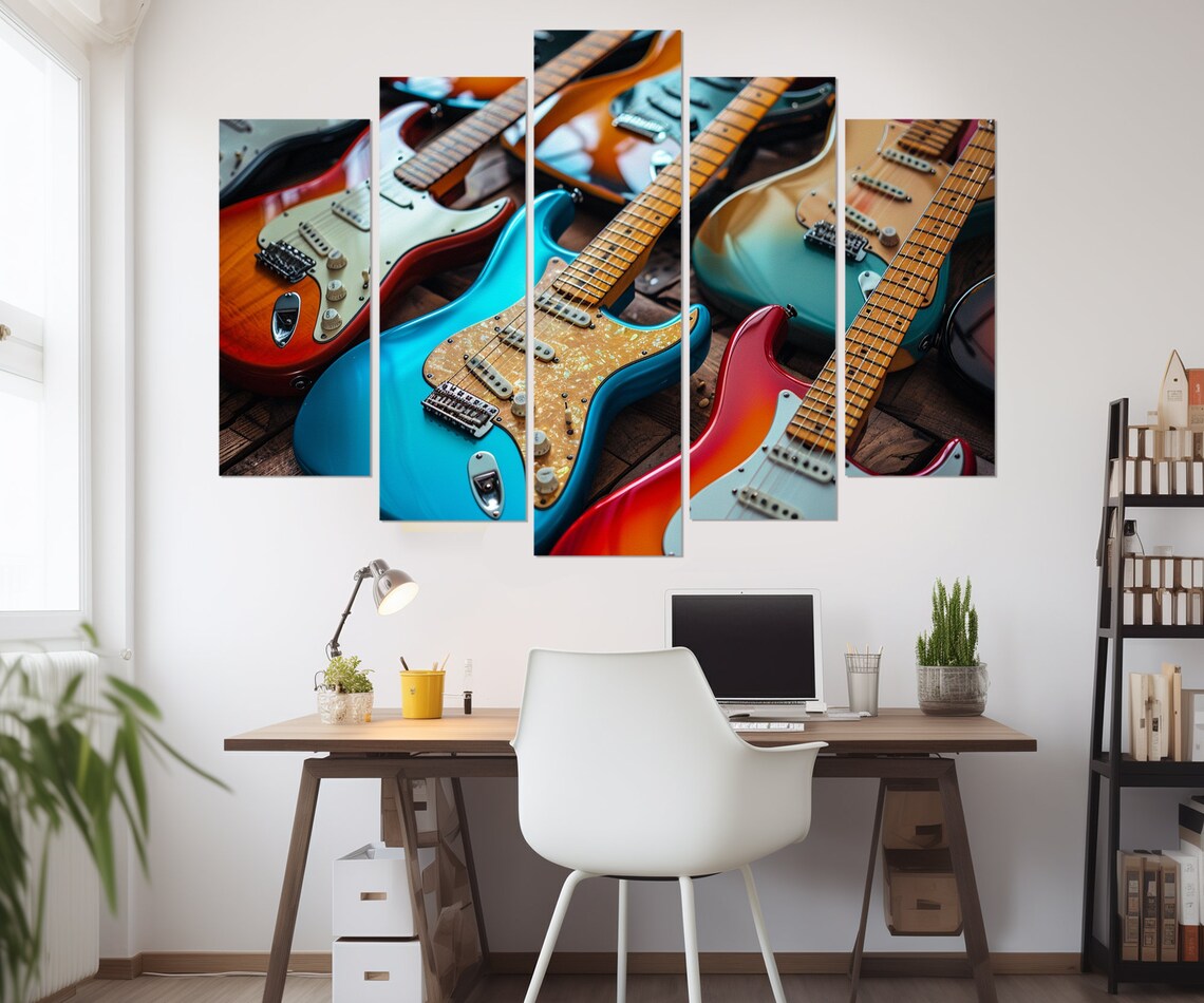 Colorful Electric Guitars Collection Close Up Music Studio Instruments Wall Art Print - Image 2