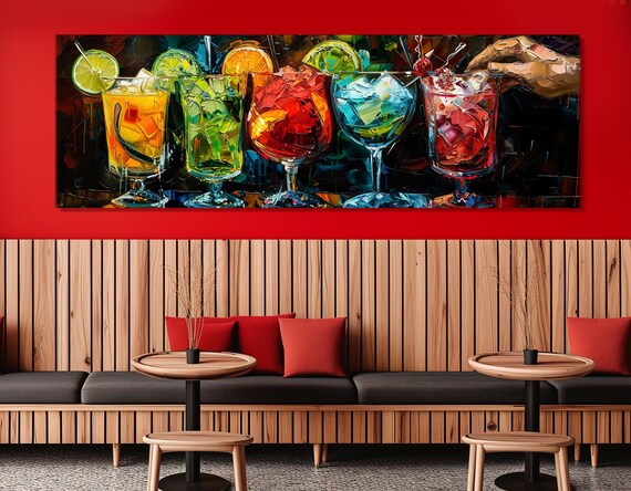 Colorful Cocktails Abstract Impasto Painting Five Drinks Bar Wall Art
