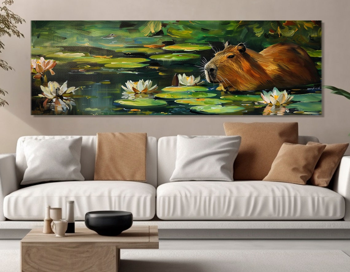 Capybara In Lily Pond Water Lilies Impressionist Animal Poster - Image 2