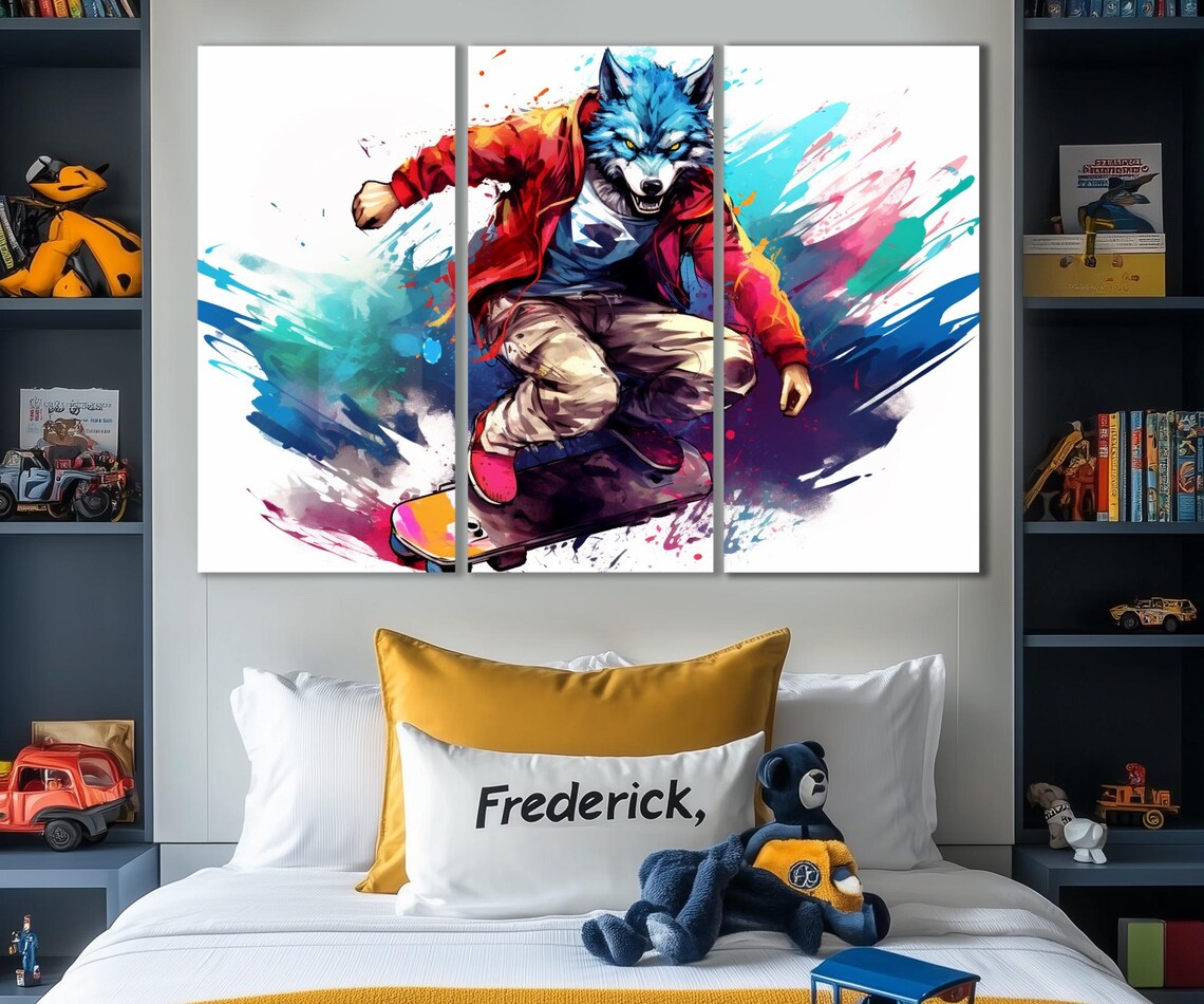 Wolf Skateboarder Pop Art Colorful Splash Teen Room Skate Wall Art Print - Image 4