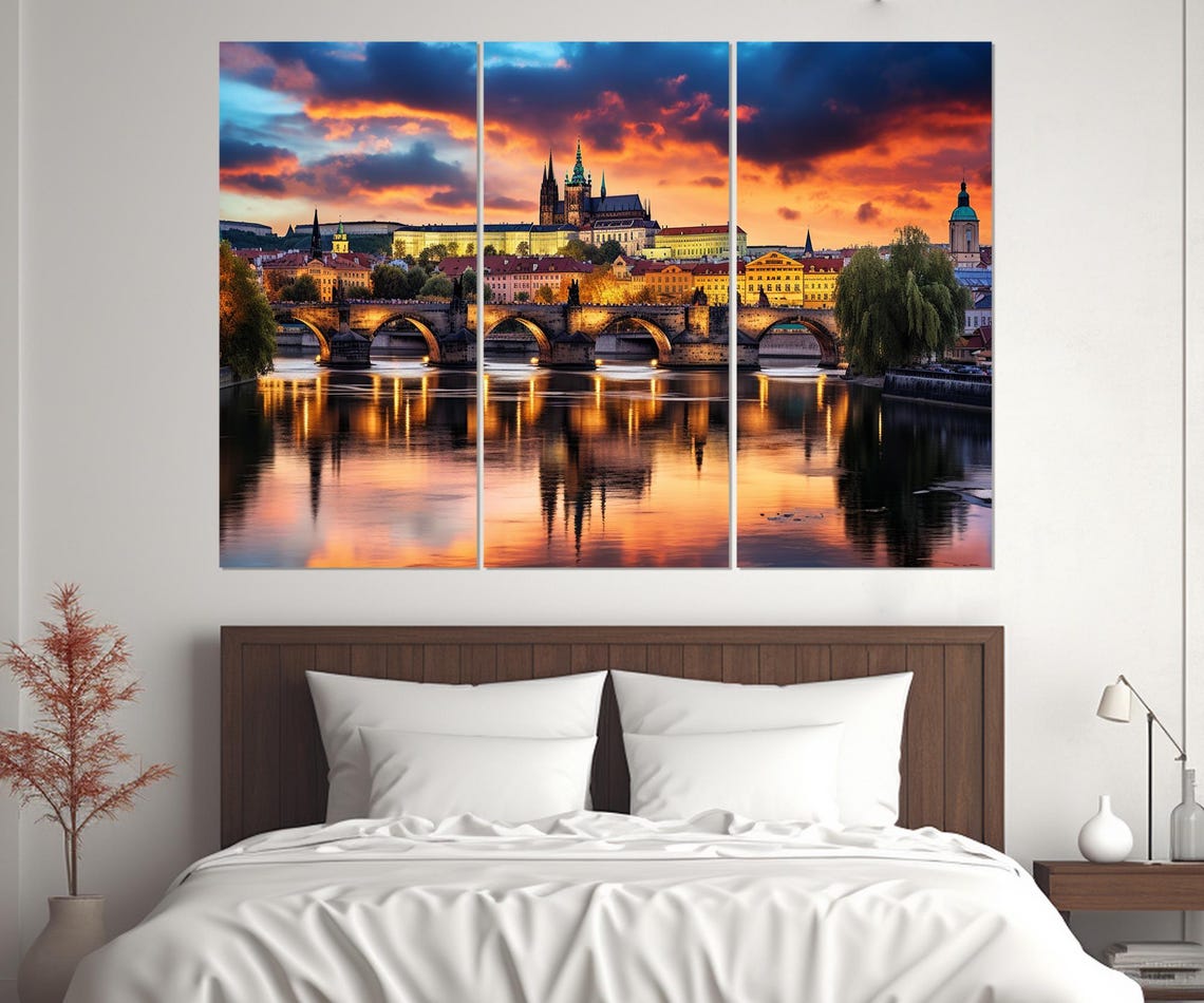 Prague Charles Bridge Castle Sunset Vltava River Reflection Poster - Image 4