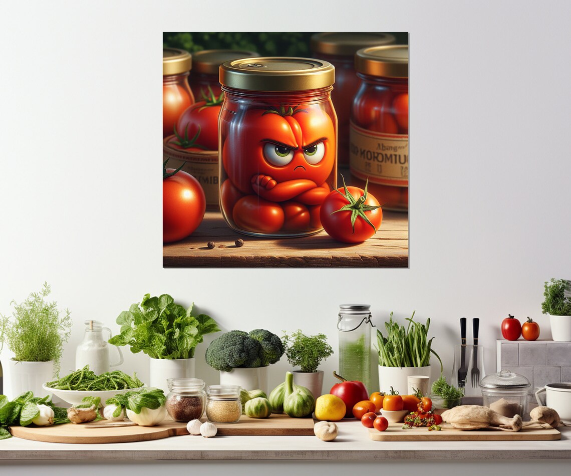 Angry Tomato In Pickling Jar Funny Kitchen Vegetable Wall Art Print