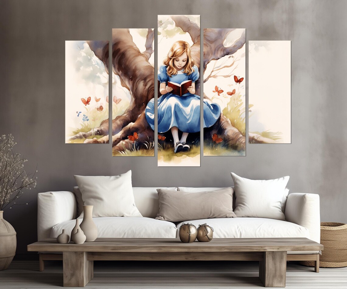 Alice in Wonderland Reading Book Under Tree Watercolor Kids Room Poster - Image 4