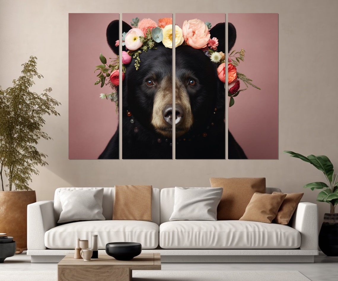 Black Bear Wearing A Floral Crown On A Pink Background Poster - Image 2