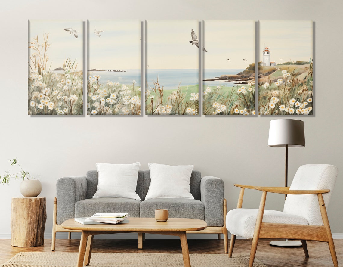 Daisy Field Coast Lighthouse Seagulls Soft Watercolor Seascape Poster - Image 2
