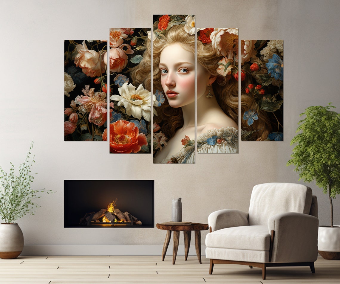 Medieval Floral Portrait Woman Dark Botanical Renaissance Art Print - Image 3