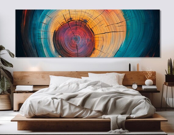 Colorful Tree Rigs Print Tree Cut Wall Art Wood Texture Painting Wood In Interior Bedroom Wall Decor Framed Ready To Hang