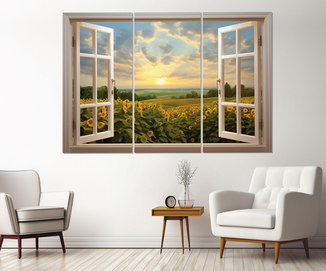 Open Window With Sunflowers Field View Art Print - Image 2