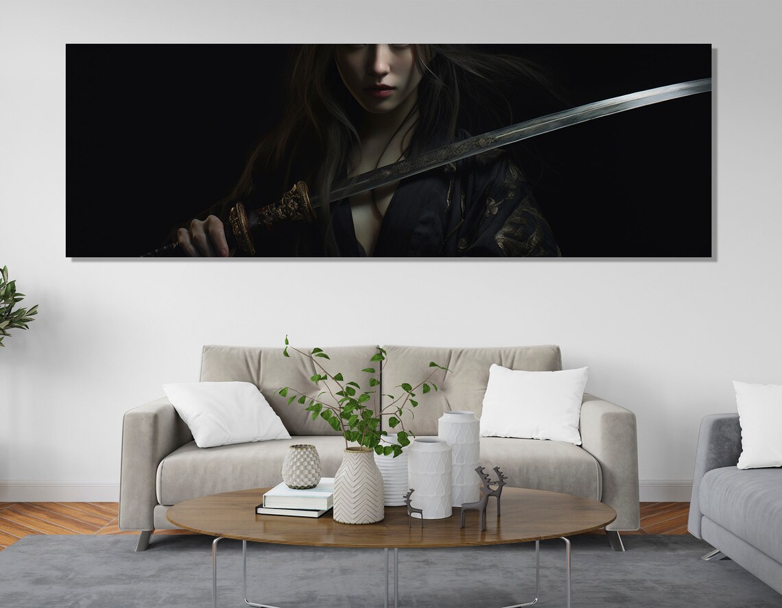 Samurai Woman Katana Dark Moody Japanese Warrior Portrait Wall Art