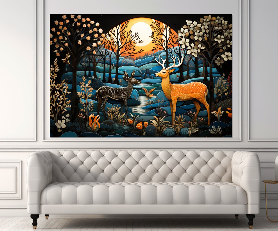 Golden Stag And Doe In Blue Moonlit Forest Fantasy Folk Art Poster - Image 2