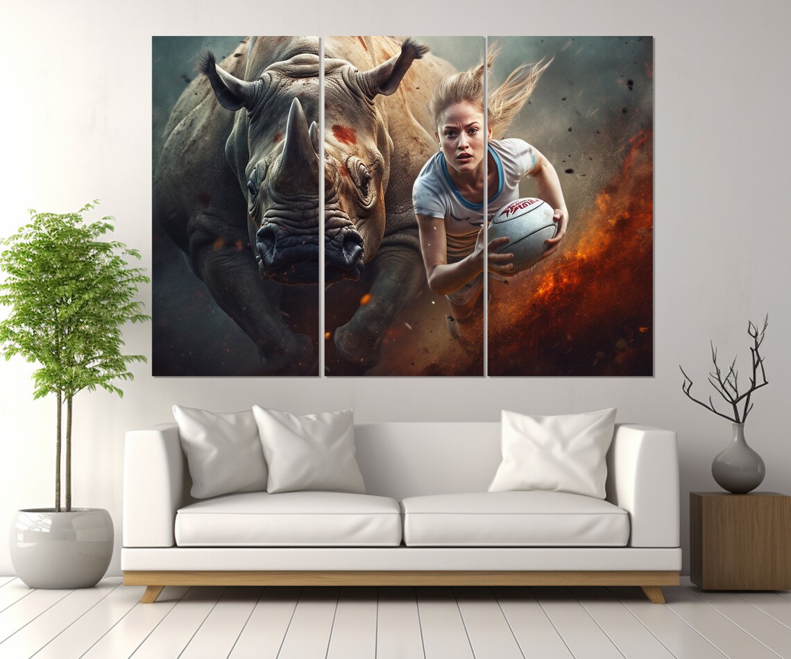 Woman Rugby Player Charging With Rhino Fierce Action Sports Wall Art Poster - Image 2