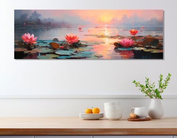 Water Lilies Sunrise Pink Lotus Flowers Misty Lake Painting Wall Art