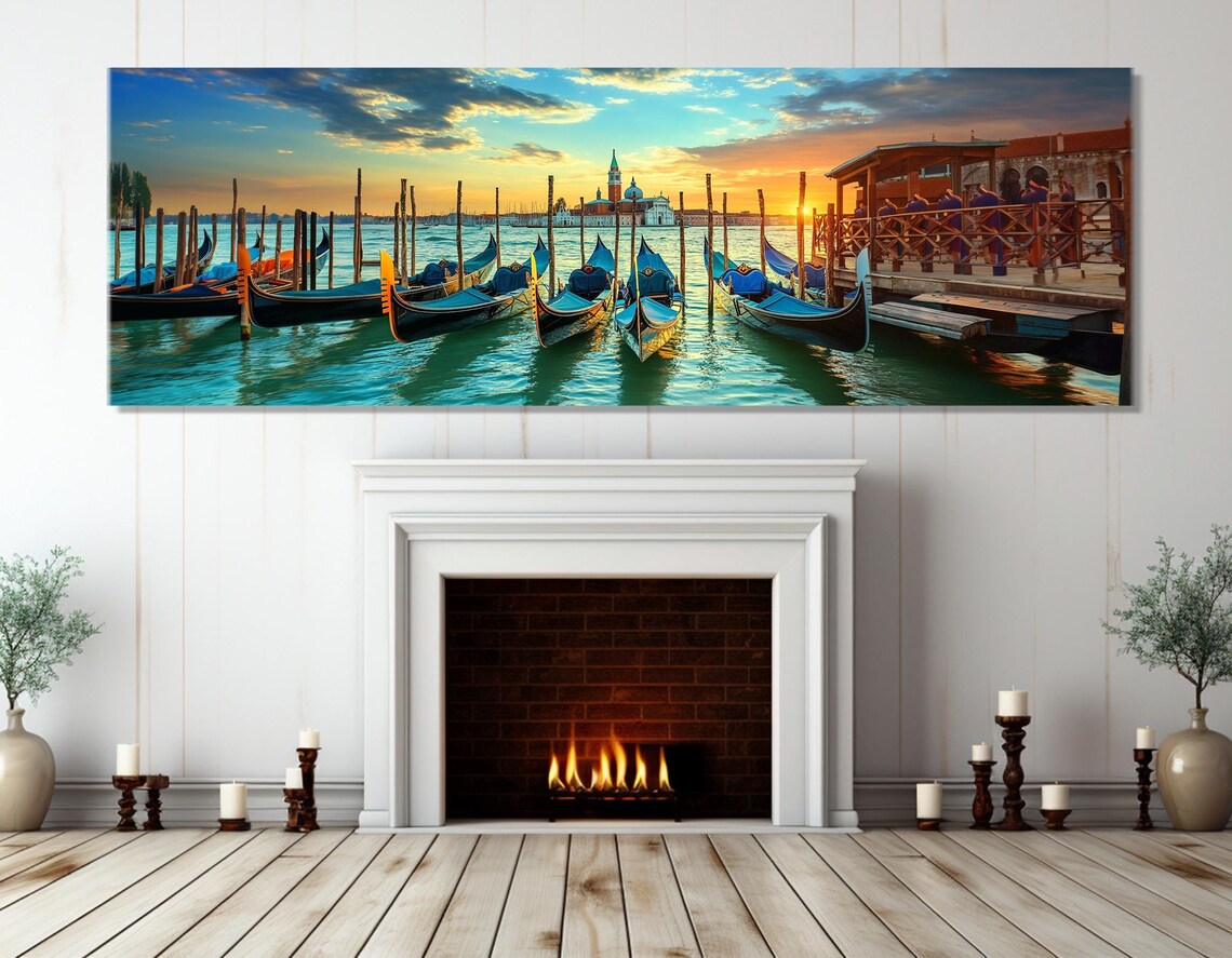 Venice Gondolas Sunset Moored Boats Golden Sky Panoramic Travel Poster