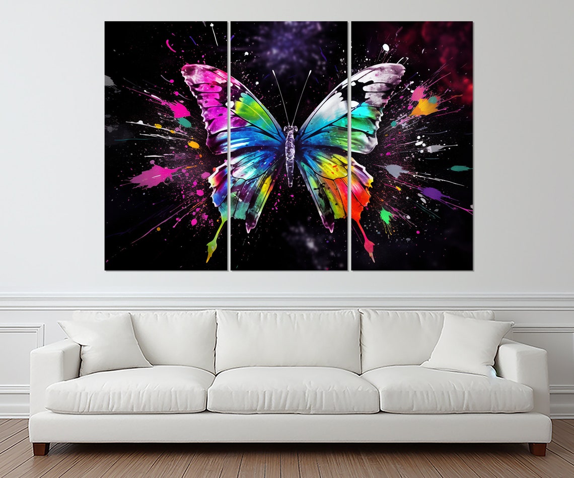 Rainbow Butterfly With Neon Paint Splashes On Black Background Poster - Image 4