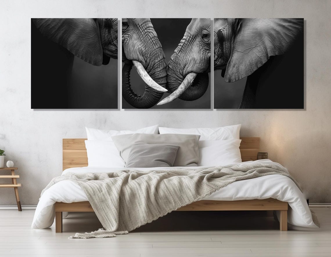 Two Elephants Head To Head Black And White Wildlife Panoramic Poster - Image 4