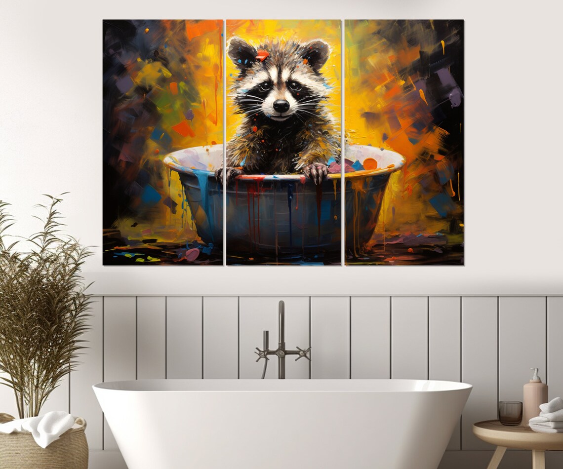 Cute Baby Raccoon Bathing In A Tub Of Colorful Paint Drops Poster - Image 3