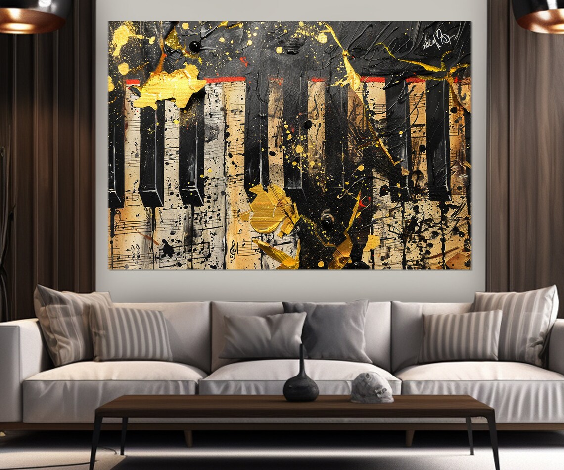Gold and Black Abstract Piano Keys Painting Sheet Music Jazz Wall Art Poster - Image 2