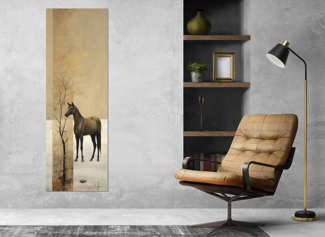 Lone Horse Misty Golden Minimalist Landscape Serene Equine Poster - Image 3