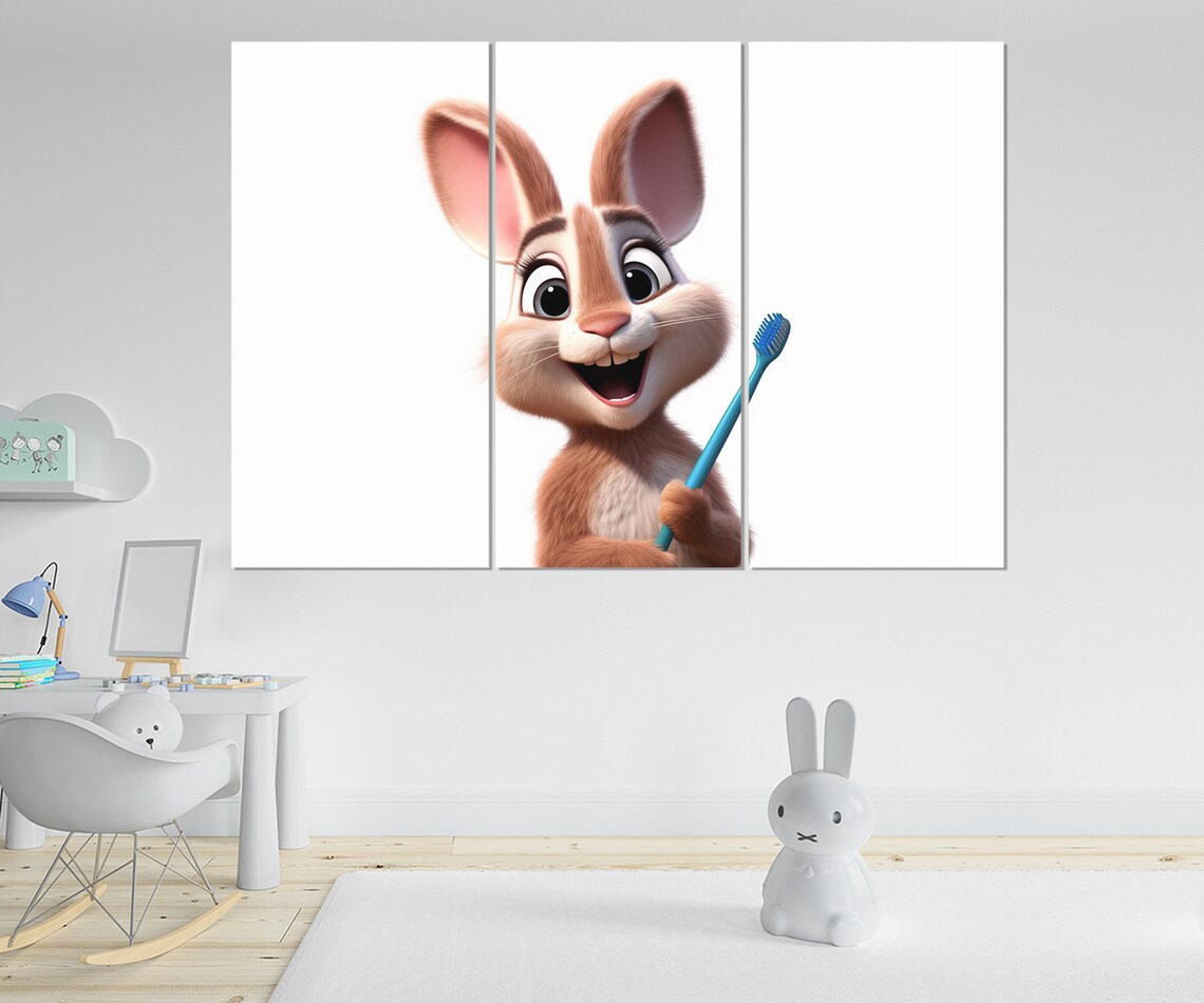 Cute Rabbit With Toothbrush Cartoon Smile Dental Office Kids Wall Poster - Image 3