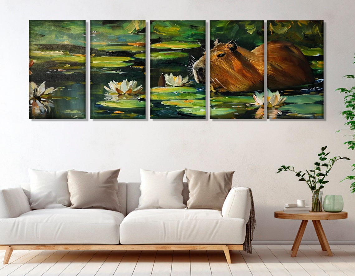 Capybara In Lily Pond Water Lilies Impressionist Animal Poster - Image 3