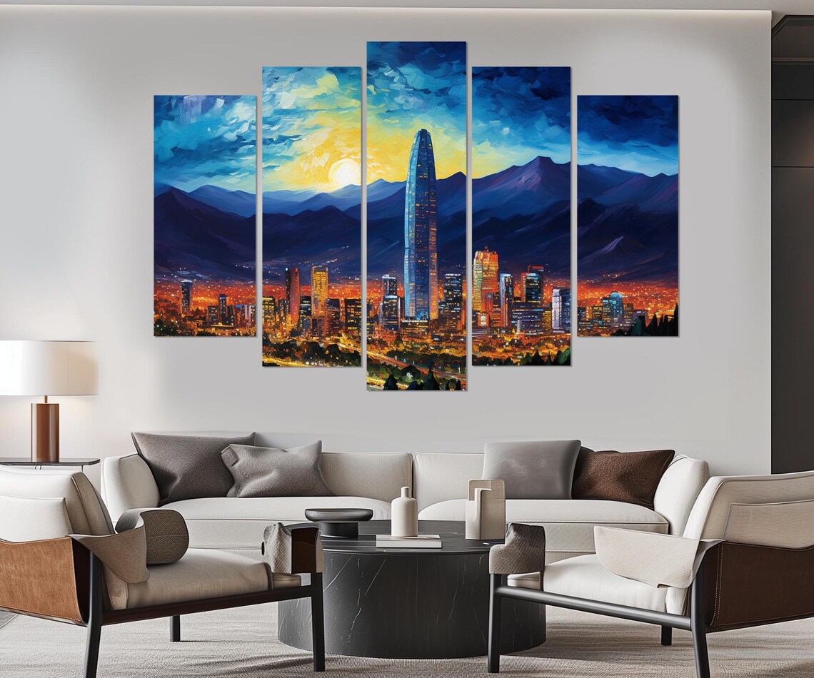 Santiago Chile Skyline Sunset Mountains Painted City Night Poster - Image 3