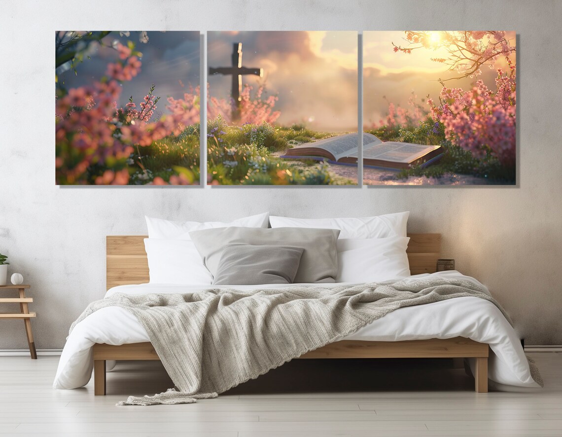 Open Bible Blooming Garden Sunrise Wooden Cross Spring Faith Wall Art - Image 4
