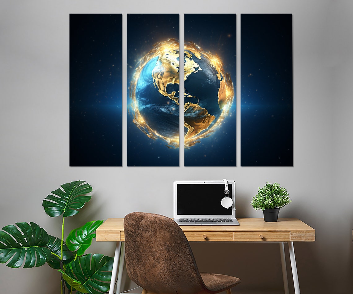 Golden Earth Globe Blue Marble Cosmic Starry Space Wall Art Print - Image 2