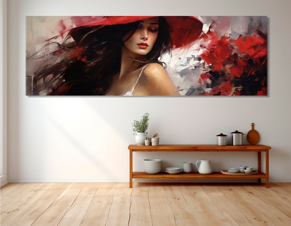 Abstract Beautiful Woman In Red Hat With Red Lips Painting Print Fashion Wall Art Large Abstract Wall Art Framed And Ready To Hang