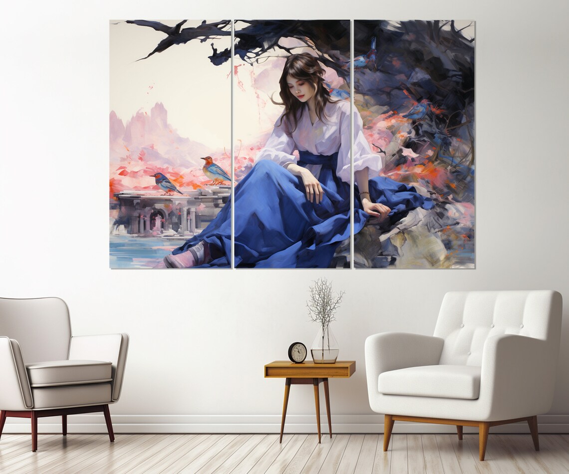Japanese Beauty Blue Birds Blossom Garden Oriental Painting Poster - Image 4