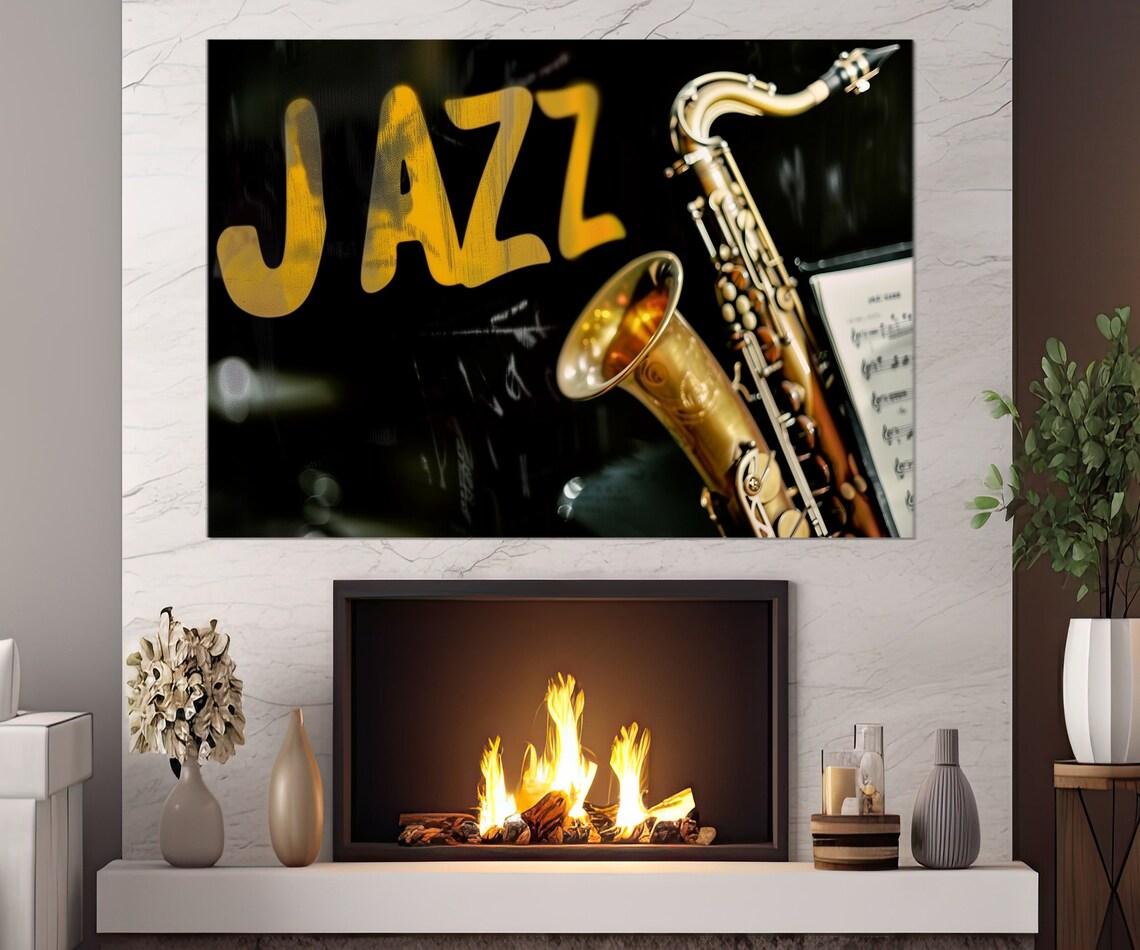Jazz Saxophone Music Art Gold Brass Instrument Black Background Wall Art Print