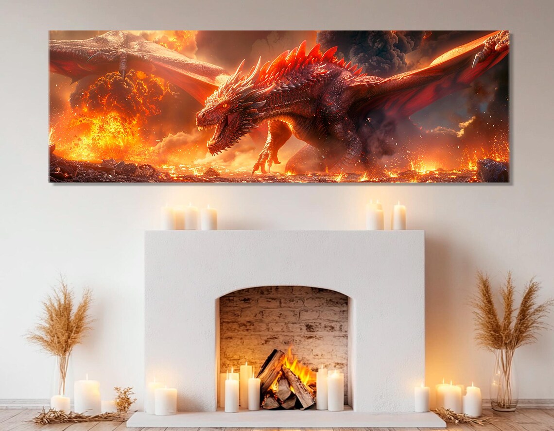 Fantasy Dragons in Fire Poster, Mythical Wall Art