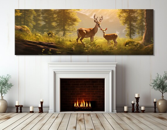 Deer And Fawn Golden Forest Clearing Sunlit Woodland Wildlife Panoramic Wall Poster