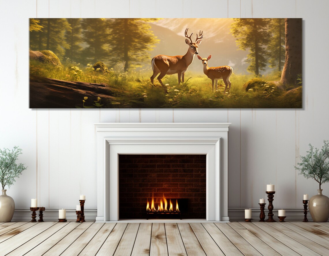 Deer And Fawn Golden Forest Clearing Sunlit Woodland Wildlife Panoramic Wall Poster