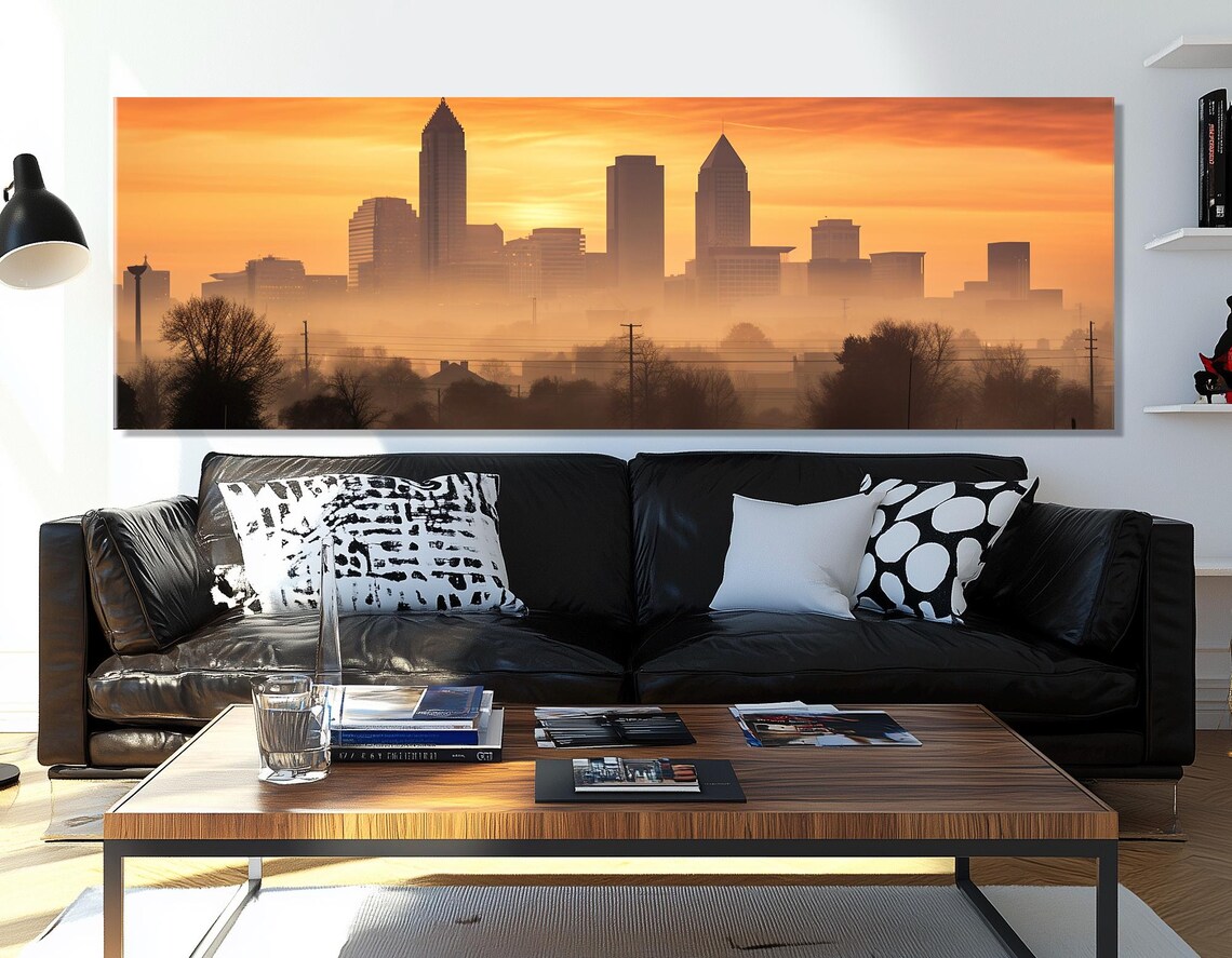 Misty Indianapolis Sunrise Skyline In Golden Haze With Trees Poster
