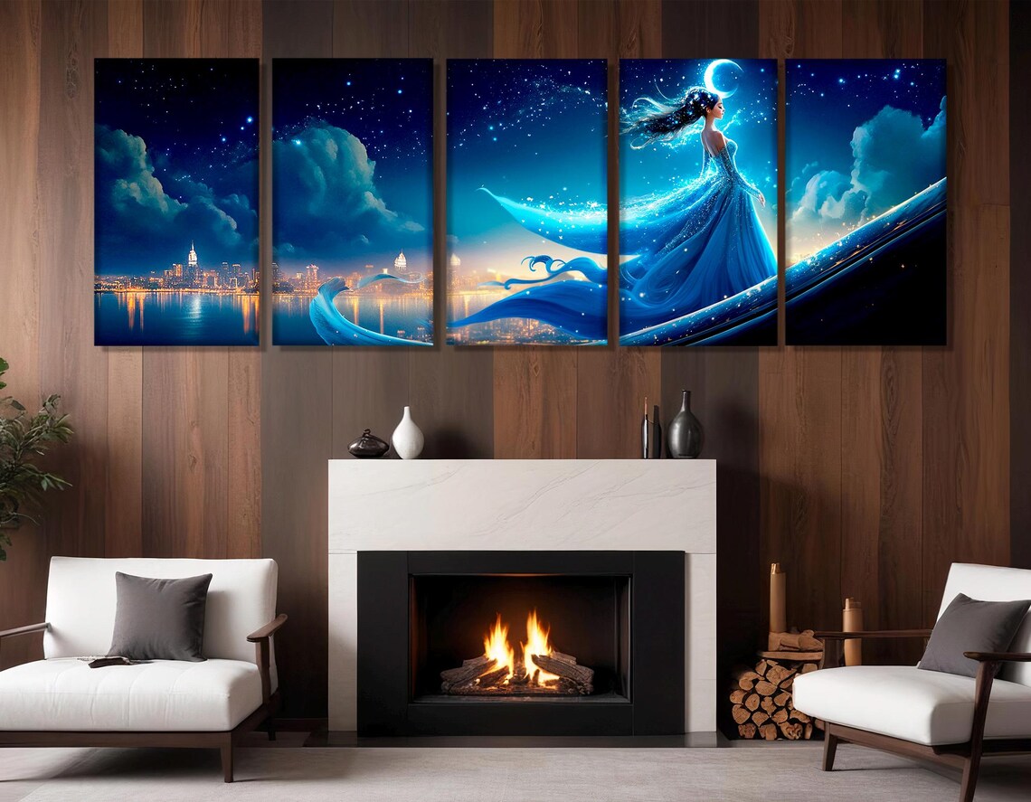 Blue Fairy Night City Starry Sky Crescent Moon Magical Fantasy Art Poster - Image 2