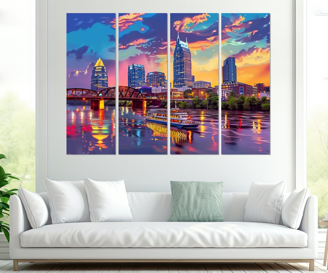 Nashville Skyline Riverboat Sunset Cumberland River City Art Poster - Image 2