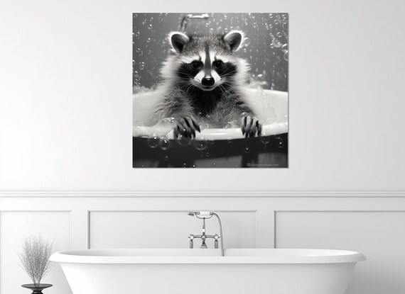 Cute Raccoon In Bubble Bath Black And White Funny Bathroom Wall Art Print