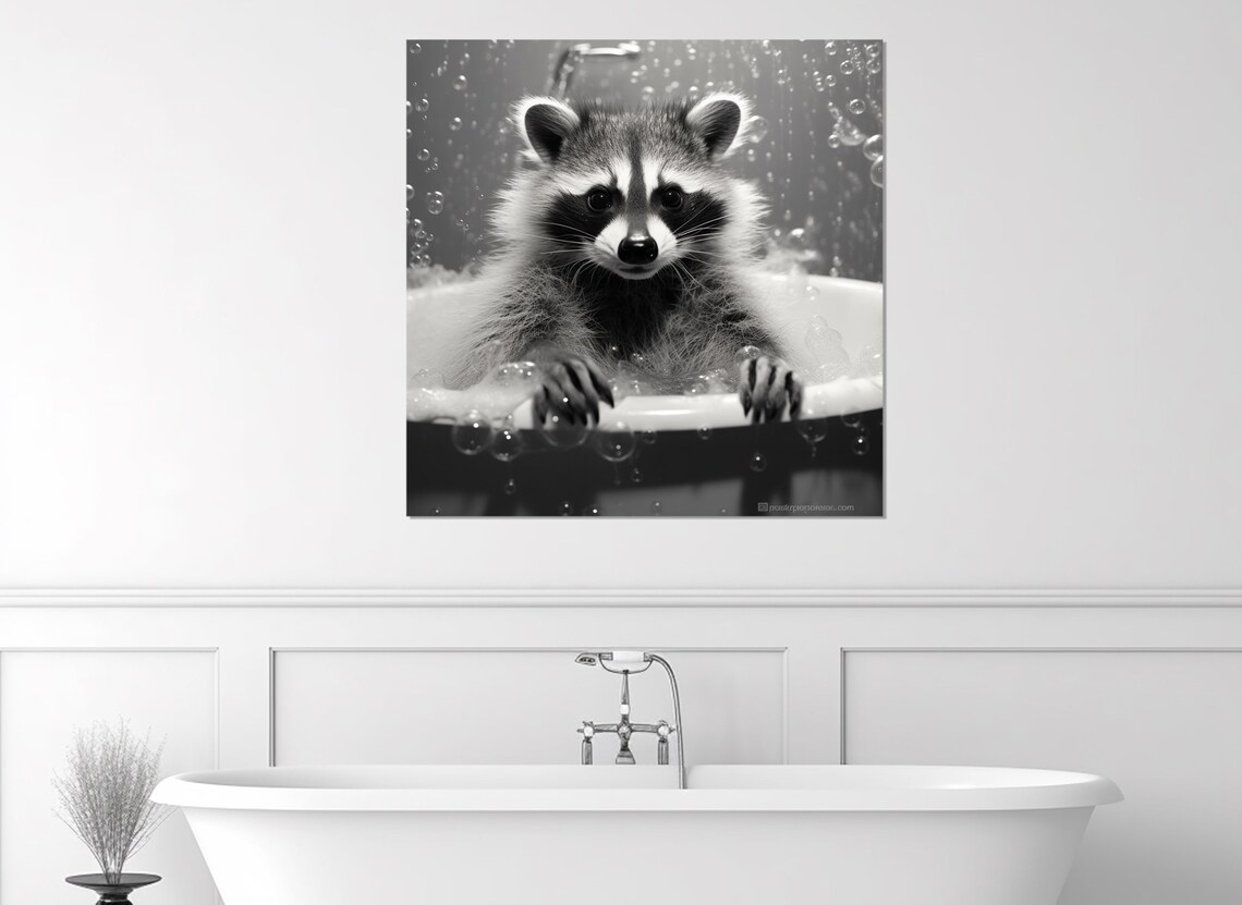 Cute Raccoon In Bubble Bath Black And White Funny Bathroom Wall Art Print