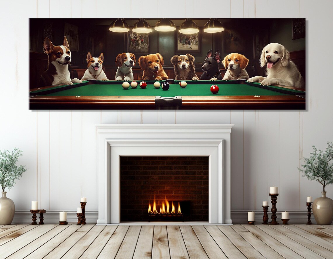 Dogs Playing Billiards Pool Table Bar Room Panoramic Funny Poster