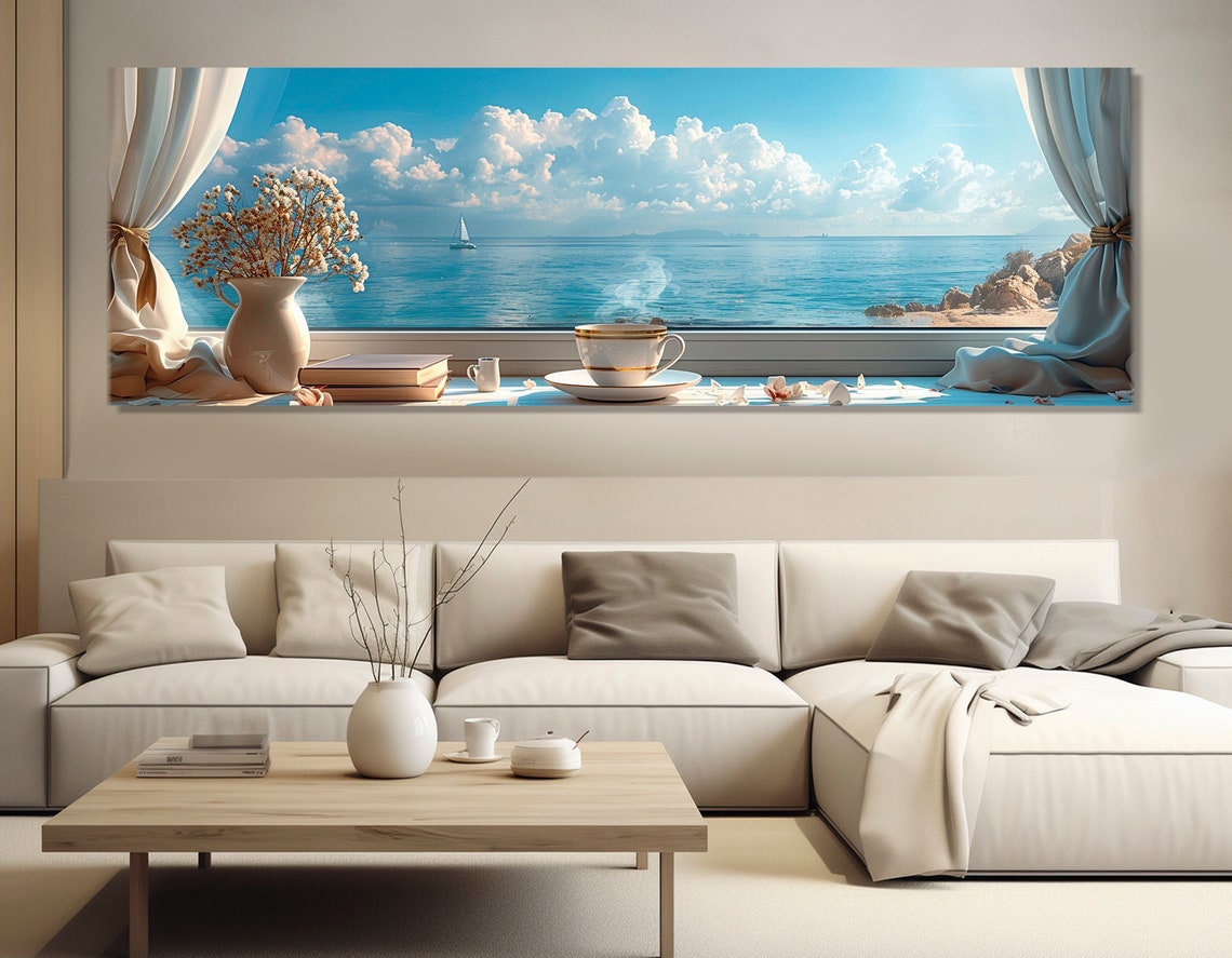 Window Sea View Morning Coffee Sailboat Coastal Illusion Poster