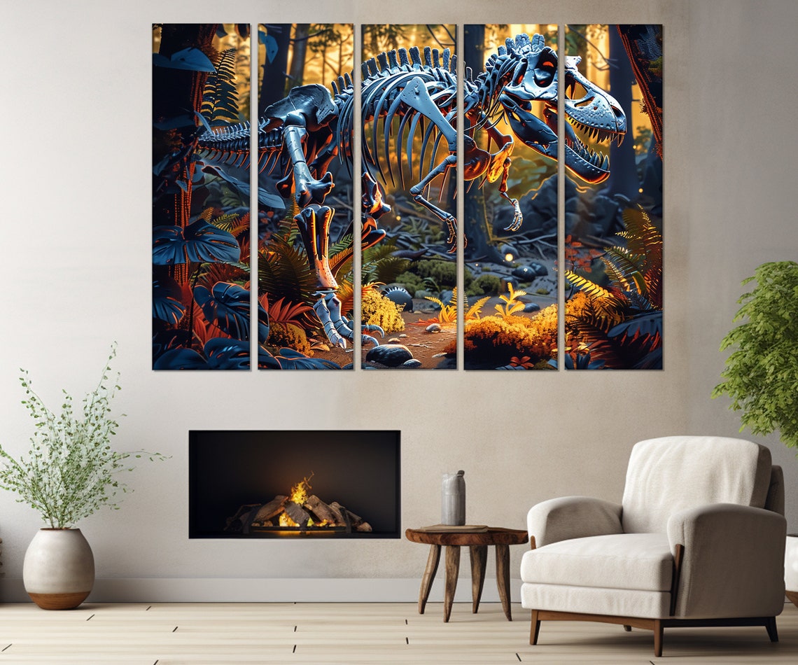 Tyrannosaurus Rex Skeleton Prehistoric Jungle Sunset Museum Wall Art - Image 3