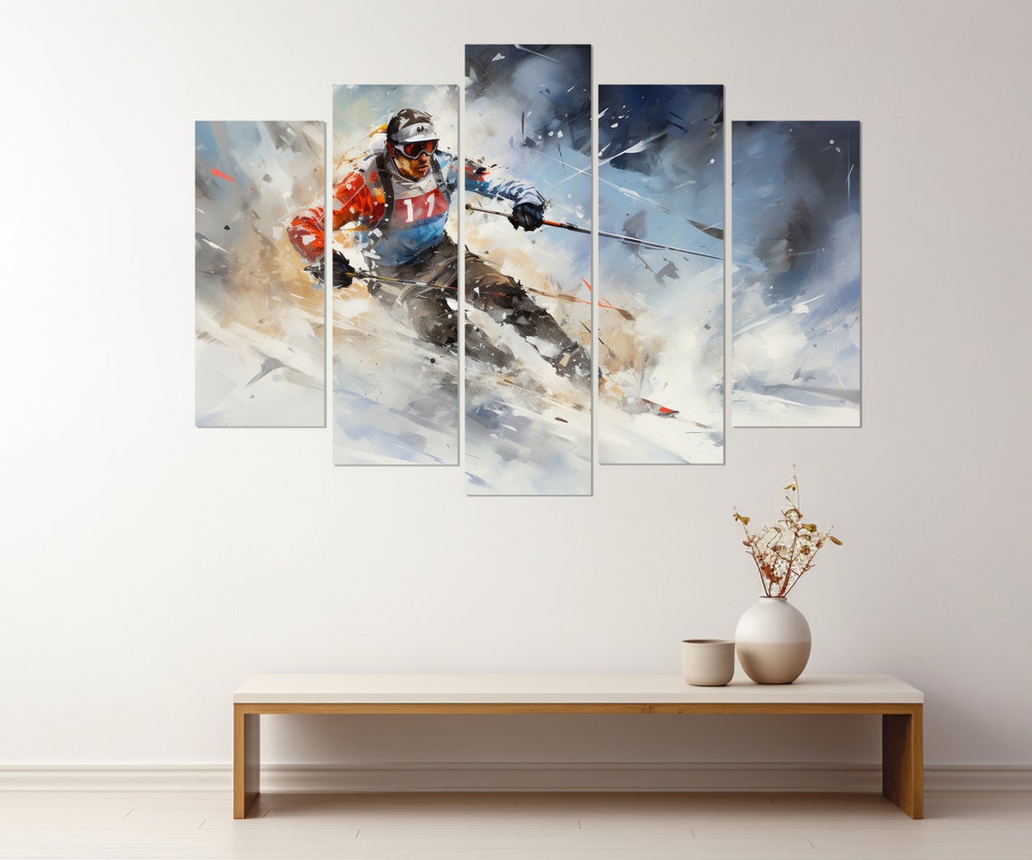 Skier Racing Downhill In Dynamic Abstract Watercolor Skiing Poster - Image 2