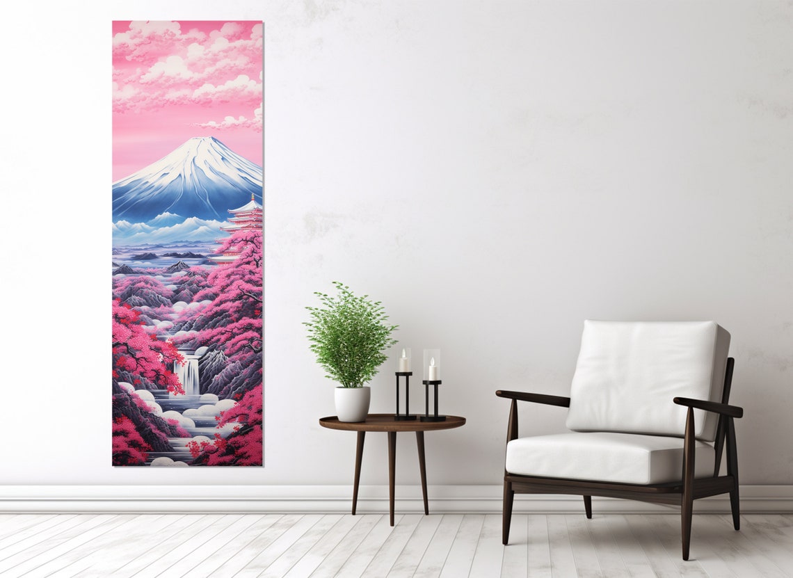 Mount Fuji Pink Cherry Blossom Pagoda Vertical Panoramic Travel Poster - Image 3